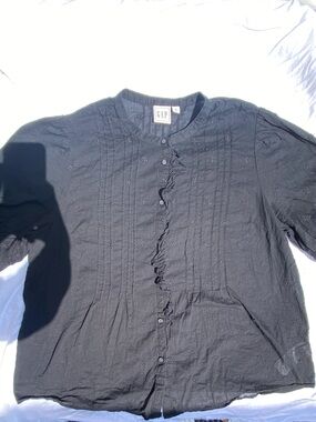 GAP 100% Cotton Embroidered Puff Sleeve Black Button Up Blouse